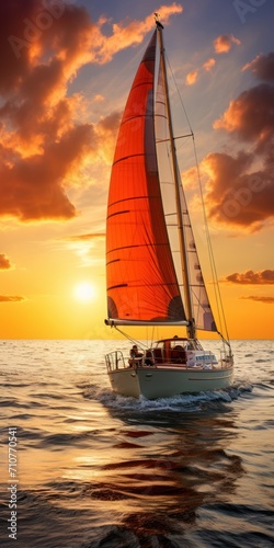  a sailboat with a red sail is in the ocean during a sunset or sunrise with clouds in the sky.