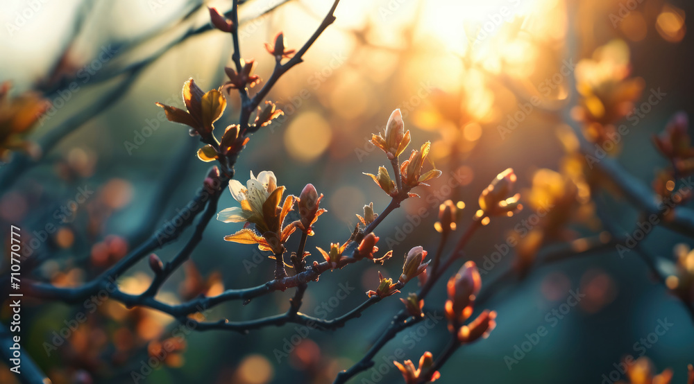 the tender emergence of buds and first signs of spring - obrazy, fototapety, plakaty 