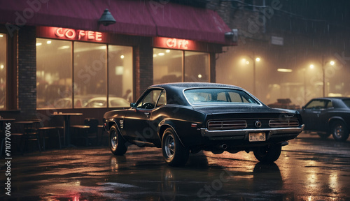 Old black classic muscle car near café on he street. AI generated