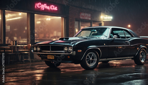 Old black classic muscle car near café on he street. AI generated photo