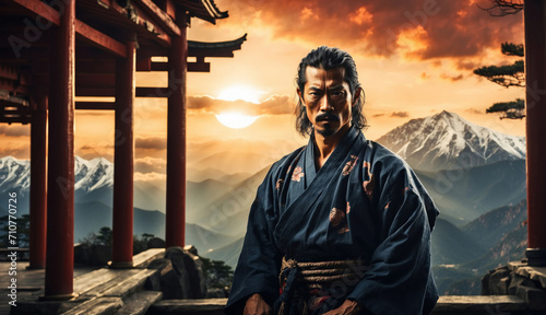 Warrior Chinese man in high mountains at sunset. AI generated photo