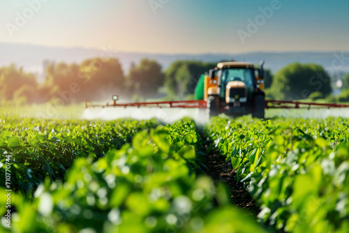tractor spraying pesticides and fertilizers on soybean field