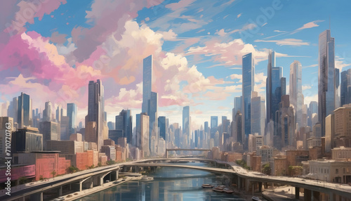 Watercolor cityscape illustration with skyscrapers and river. AI generated