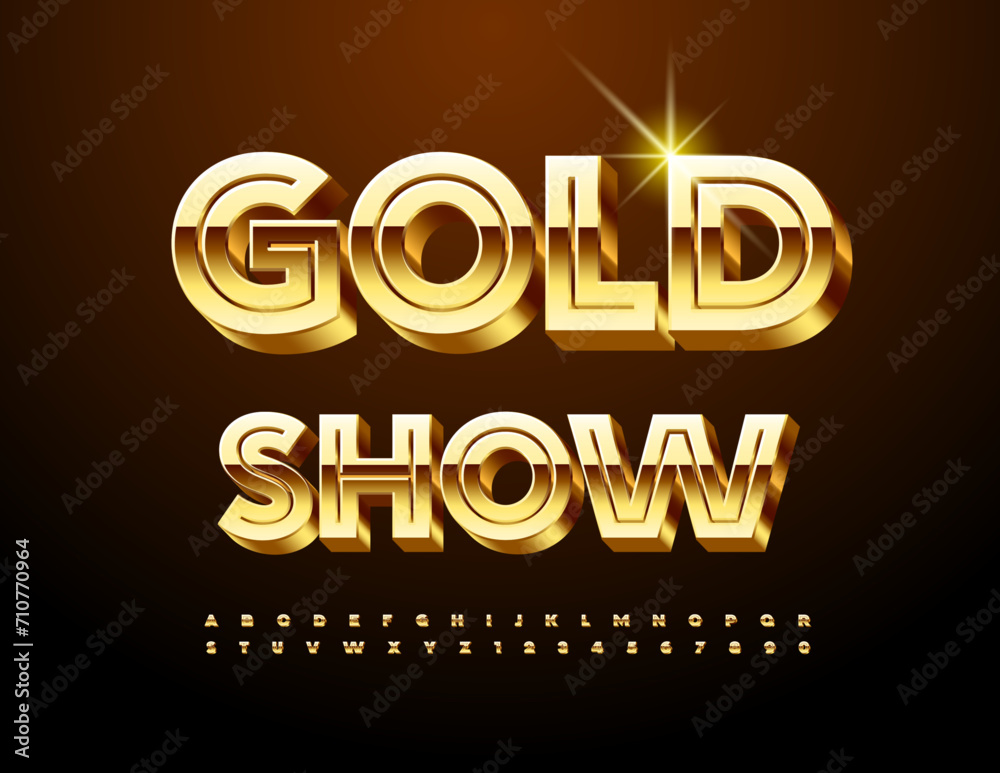 Vector premium Sign Gold Show. Cool 3D Font. Chic trendy Alphabet Letters and Numbers. Vector premium Sign Gold Show. Cool 3D Font. Chic trendy Alphabet Letters and Numbers.