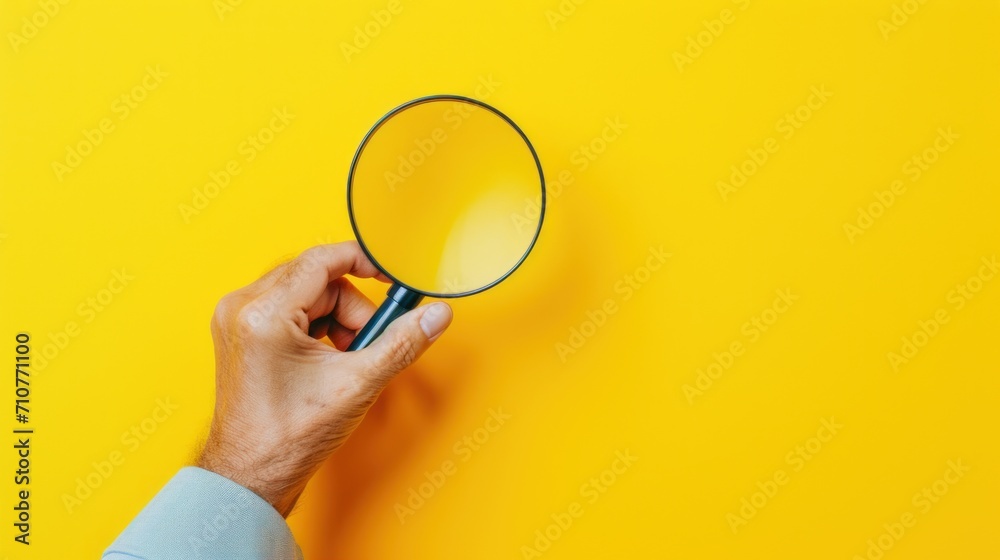 a person's hand holding a magnifying glass over a yellow background with a hand holding a magnifying glass. a person's hand holding a magnifying glass over a yellow background with a hand holding a magnifying glass.