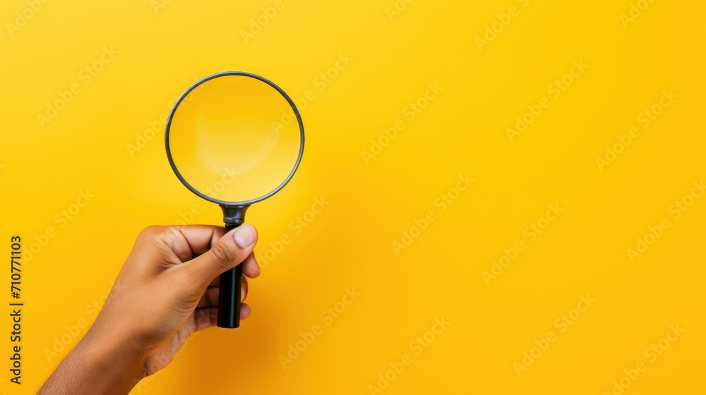  a person's hand holding a magnifying glass over a yellow background with copy space in the middle. - obrazy, fototapety, plakaty 