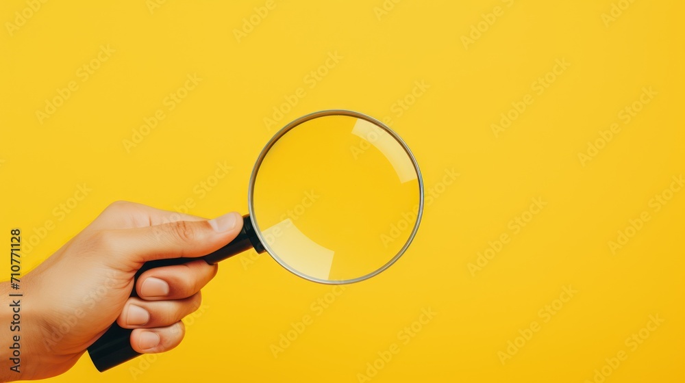 a person's hand holding a magnifying glass over a yellow background with a yellow wall in the background. a person's hand holding a magnifying glass over a yellow background with a yellow wall in the background.