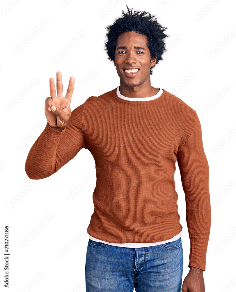 Handsome african american man with afro hair wearing casual clothes showing and pointing up with fingers number three while smiling confident and happy. Handsome african american man with afro hair wearing casual clothes showing and pointing up with fingers number three while smiling confident and happy.