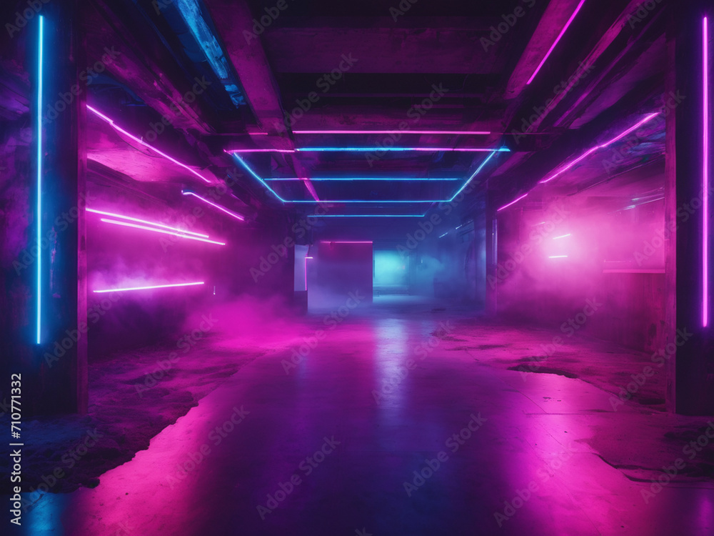Sci Fi Futuristic Smoke Fog Neon Laser Garage Room,blue pink violet neon abstract background,ultraviolet light,night club Cyber Undergound Warehouse Concrete Reflective Studio - generated by ai