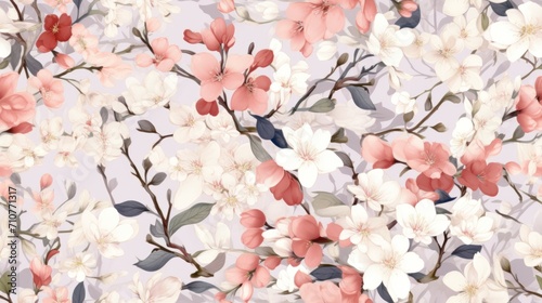  a pattern of pink and white flowers on a light purple background, with leaves and flowers on a light purple background.