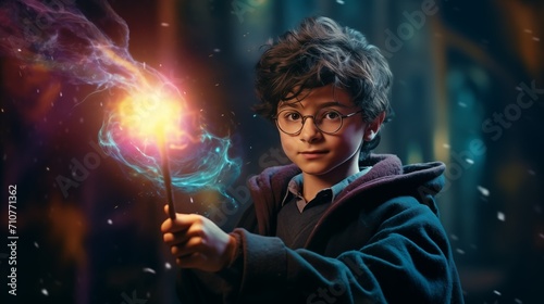A wizard boy with round glasses holds a magic wand and casts a magic spell