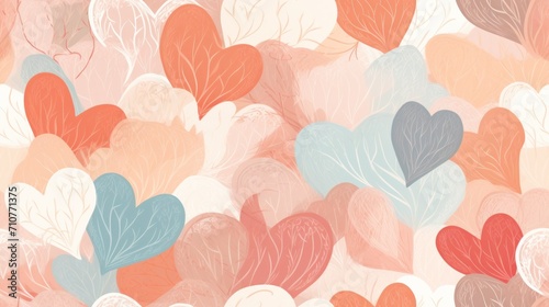  a bunch of heart shaped leaves on a pink, blue, red, and white background with the words love written on it.