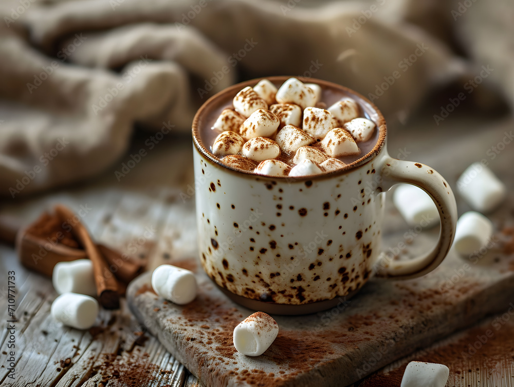 Hot chocolate with marshmallows and cinnamon on a wooden background. Hot chocolate with marshmallows and cinnamon on a wooden background.
