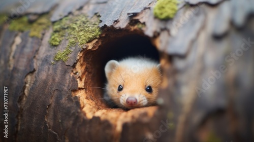  a small hamster peeks out of a hollow in a tree trunk with moss growing on it's sides.