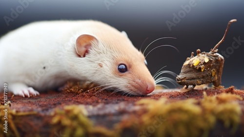  a close up of a mouse and a mouse on a piece of wood with moss growing on top of it.