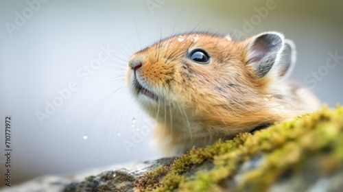  a close up of a small rodent on a mossy surface with drops of water on it's face. © Anna
