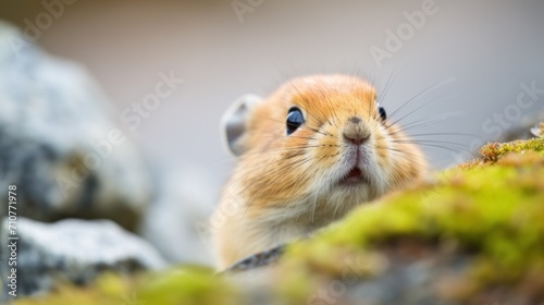  a close up of a rodent on a rock with moss growing on it's sides and a gray sky in the background.