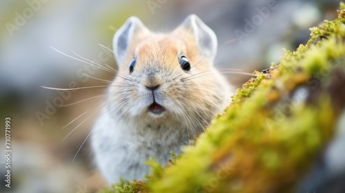  a close up of a small rodent on a mossy branch with a surprised look on it's face.