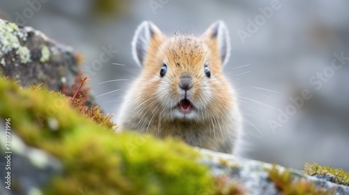  a close up of a rodent on a rock with moss growing on it's sides and its mouth open. © Anna