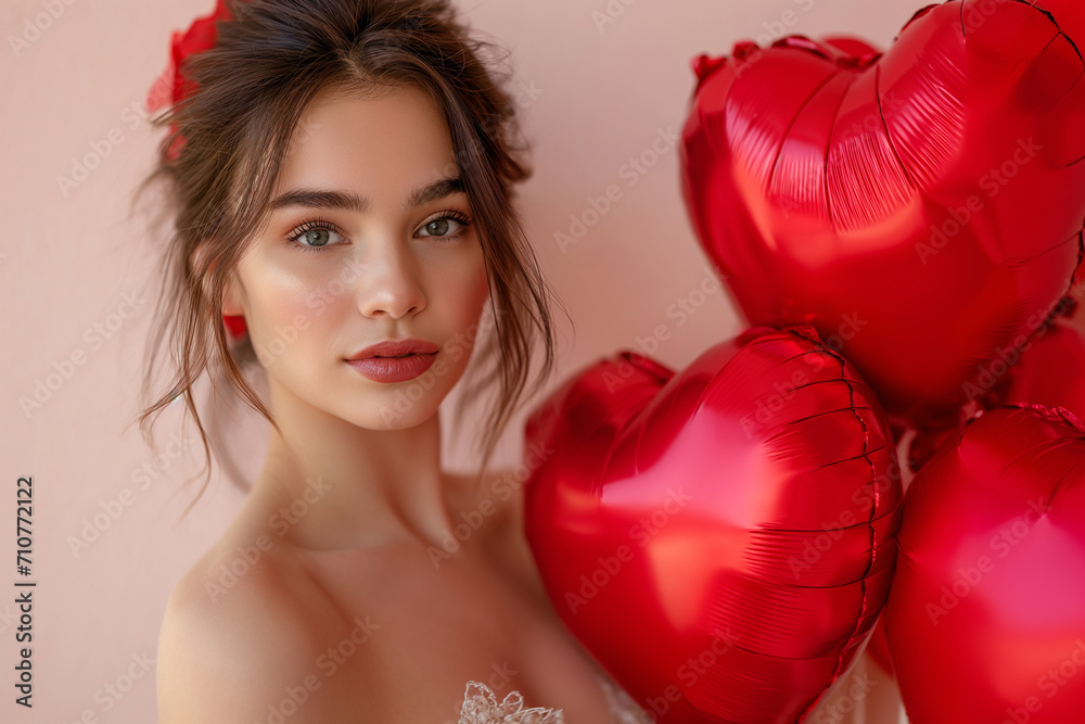 beautiful brunette woman with heart-shaped balloons on light pink background beautiful brunette woman with heart-shaped balloons on light pink background