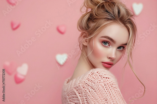Portrait of beautiful blonde woman model with pink background wall and hearts. photo