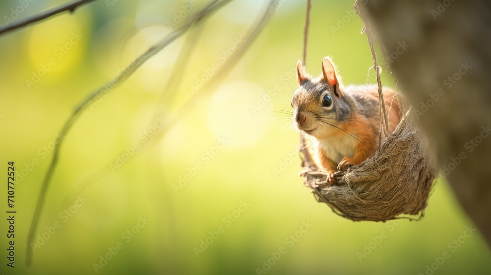  a squirrel sitting on top of a tree branch next to a leaf filled branch with a squirrel's head sticking out of it.