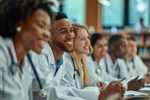 Class of diverse medical students learning and discussing in a university library photo