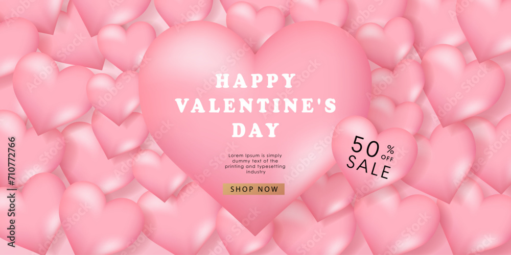 Valentine's day posters. 3d hearts with place for text. Romantic sale banners templates, vouchers or invitation cards. Vector illustration.