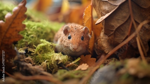  a close up of a small rodent in a mossy area with leaves on the ground and another rodent in the background.