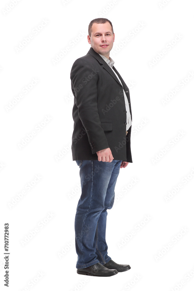 Happy businessman with open palm offering something. Happy businessman with open palm offering something.