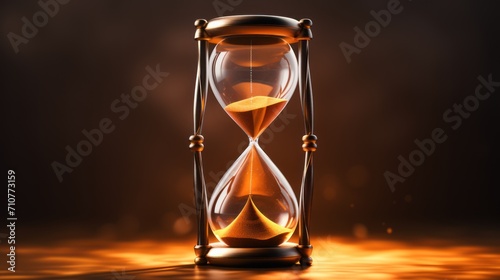  an hourglass sitting on top of a table next to a dark background with a light coming from the top of it.