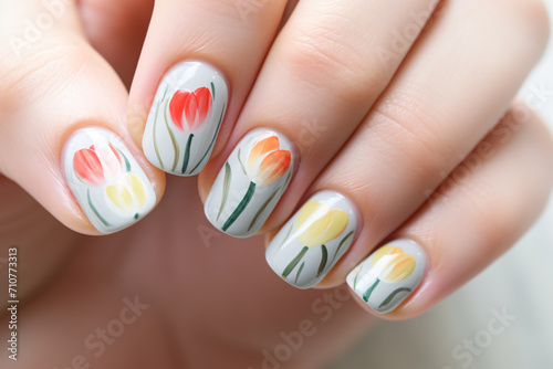 A woman showing off her tulip nails, in the style of detailed painting, rounded, colorful brushstrokes, creased, detailed, close up, light gray