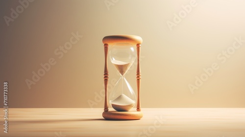  an hourglass sitting on top of a wooden table next to a light brown wall with a shadow of an hourglass on it.
