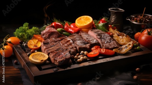  a wooden cutting board topped with meat and veggies next to a bowl of beans and a bowl of oranges.
