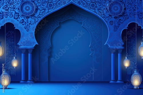 Elegant Islamic Arch and Lanterns with Blue Background Islamic Patterns and Lanterns