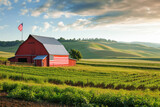 American heartland agriculture, a picturesque image featuring vast fields, red barns, and an American flag against a backdrop of rolling hills.