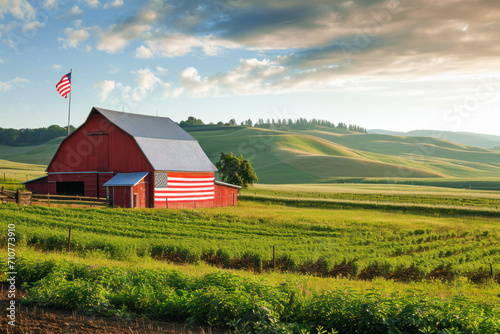 American heartland agriculture, a picturesque image featuring vast fields, red barns, and an American flag against a backdrop of rolling hills. photo