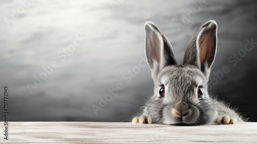  a close up of a rabbit's face peeking over a wooden table with a gray sky in the background. © Anna