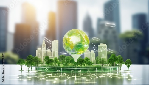 Human touching a advanced technology based on AI light with greenery city, eco-friendly city on a city background with hologram network light bulb screen icons for energy source renewable.