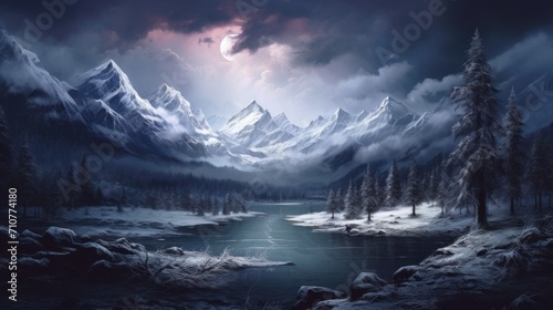  a painting of a snowy mountain scene with a river in the foreground and a full moon in the background.