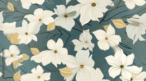  a pattern of white flowers and leaves on a blue background with a gold line in the middle of the image.