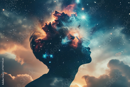 Ethereal portrait of a figure with galaxies for eyes, nebula clouds swirling around the head photo