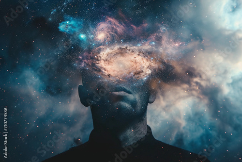 Ethereal portrait of a figure with galaxies for eyes, nebula clouds swirling around the head © Marco Attano