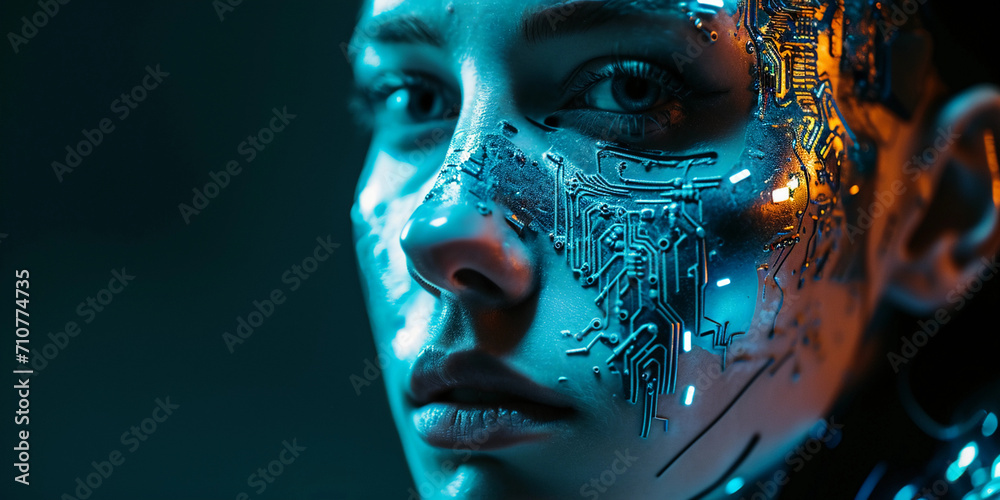 Futuristic cyborg portrait, metallic textures, cool-toned LED lights, intricate circuitry details visible on skin
