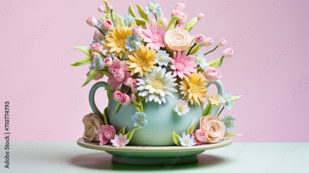  a teacup filled with flowers sitting on top of a green plate on top of a blue tablecloth covered table.
