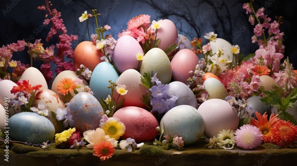  a bunch of eggs sitting on top of a table next to a bunch of wildflowers and other flowers.