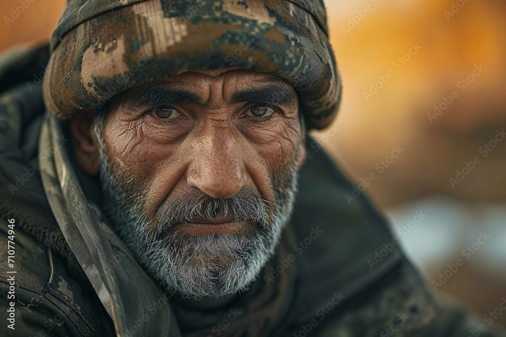 war journalist, worn-out expression, background of a blurred war-torn landscape