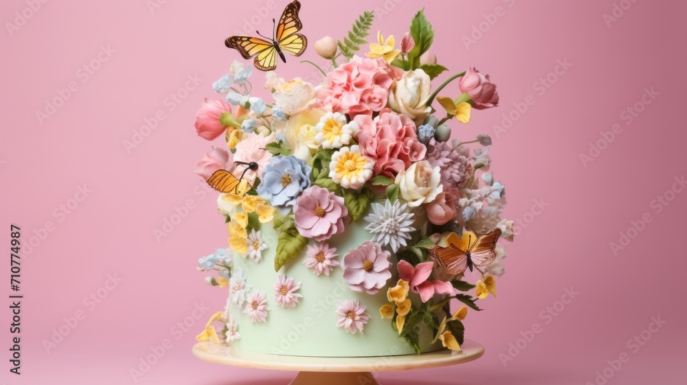  a close up of a cake decorated with flowers and a butterfly on top of it on a cake plate on a pink background.