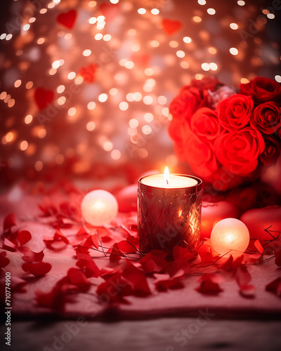 Romantic card for Valentine s Day celebration. Heart in candles and flowers. Bokeh lighting. Copy space