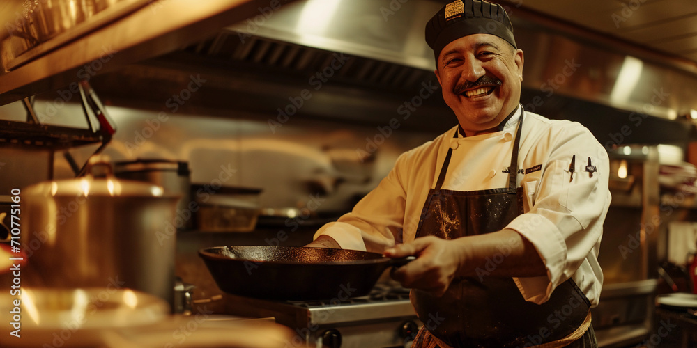 chef with an heirloom cast-iron skillet, kitchen setting with vintage culinary tools
